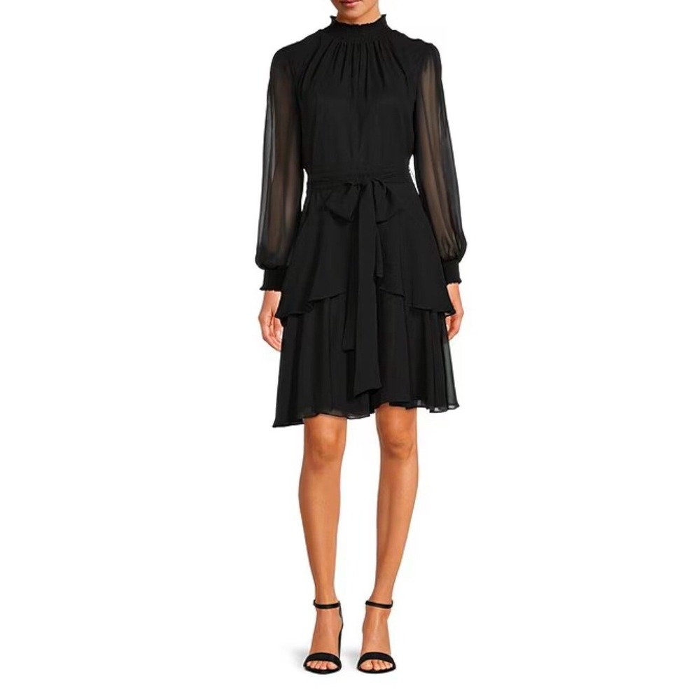 Alex Marie Black Long Sleeve Ruffle Neck Tiered Dress